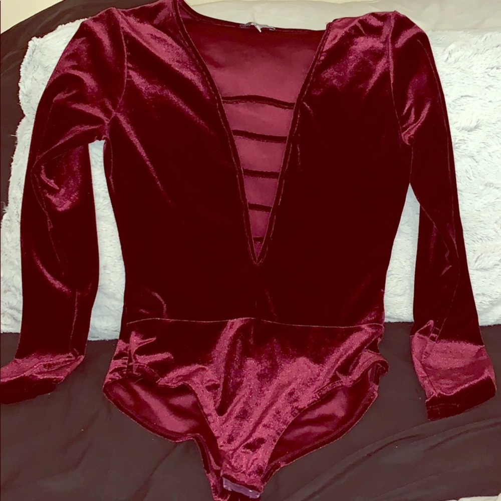 Maroon velvet deep v body suit